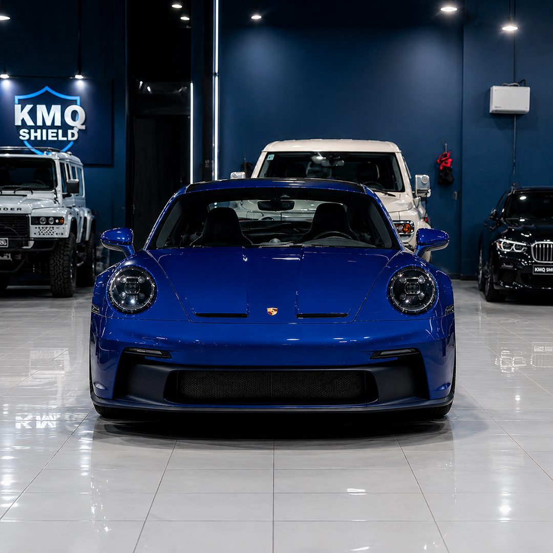 صالة عرض KMQ شيلد — بورشه 911 GT3 زرقاء بعد تركيب فيلم الحماية